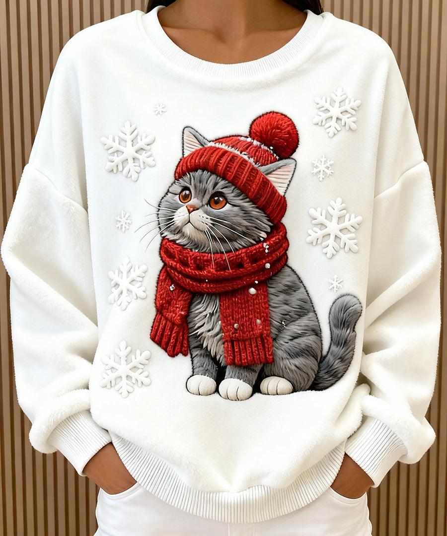 Kvinders Søde Jule Kat Kunst Print Casual Flannel Hoodie